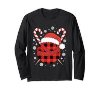Buffalo Plaid Knitting Yarn Ball with Santa Hat Christmas Long Sleeve T-Shirt