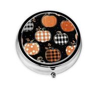 Buffalo Plaid Pumpkin Small Pill Box 3 Compartment Portable Pill Box for Purse Pocket Autumn Harvest Mini Medicine Organiser for Daily Vitamin Fish Oil Storage