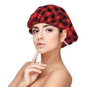 Buffalo Plaid Red Black Print Satin Silk Bonnet for Sleeping Women, Adjustable Double Layer Satin Hair Bonnet Night Sleep Cap for Curly Hair