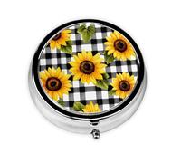 Buffalo Plaid Sunflower Small Pill Box 3 Compartment Portable Pill Box for Purse Pocket Plaid Flower Mini Medicine Organiser for Daily Vitamin Fish Oil Storage