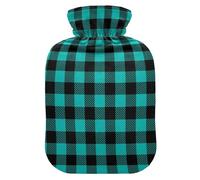 Buffalo Plaid Teal Black Hot Water Bottle with Cover for Pain Relief Hot Water Bag for Headaches, 2L
