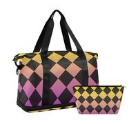 Buffalo Plaid Yellow Purple Black Gradient Oversized Travel Duffel Bag Travel Weekender Gear Bag with Toiletry Bag for Yoga Large Capacity, buffalo plaid yellow purple black gradient, One Size