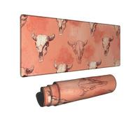 Buffalo Skull Large Gaming Mouse Pad, Coral Hand-Drawn Cow Skull Stitched Edge Mousepad, Rubber Non-Slip Washable Gaming Mouse Pad for Home and Office Computer, Laptop 16x36 Inch