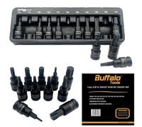 Buffalo Tools 11pcs 3/8 inch Torx Star Impact Socket Bit Set T10-T60, Durable Chrome Vanadium Steel, Rust Resistant TRX-Star Tool Set with Storage Tray
