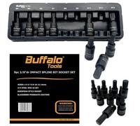 Buffalo Tools 9pcs 3/8 inch Spline Impact Socket Bit Set M4-M14, Durable Vanadium Steel, Rust Resistant Finish, 4mm-14mm Tool Set with Storage Tray