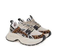 Buffalo Yuno Sneaker Chunky, Leopard and Zebra Print, Mesh and Faux Fur Upper, 90s Style, Beige Black Zebra Leopard, 4 UK