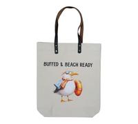 'BUFFED & BEACH READY' Seagull Canvas Tote Bag with Leather Handles, Funny Seaside Theme Print, Unisex, One Size, for Shopping, Travel, Holiday, Work. Seabirds, Beach, Coast, British Holidays