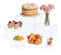 Buffet Risers 6 Pcs Cake Food Display Risers w/Mini Signs & a Pen Acrylic Catering Dessert Jewelry Figures Show Collectibles Table Decor Display Stand 8x7x6x5x4x3 Inch Clear Cube Showcase Shelf Boxes