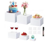 Buffet Risers 6 Pcs Food Display Risers w/Mini Signs & a Pen Acrylic Catering Dessert Jewelry Figures Show Collectibles Table Decor Display Stand 8x7x6x5x4x3 Inch White Cube Showcase Shelf Boxes