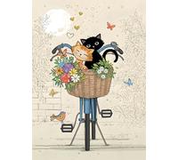Bug Art Birthday/Blank Greeting Card for Women or Girls with Artistic Cats on a Floral Bike Design with an Embossed Foil Finish - General Card Suitable for Any Occasion