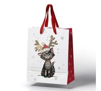 Bug Art Christmas Kitten Antlers Gift Bag with Gift Tag Fun Design Xmas Present Kids 23cm x 19cm x 12cm