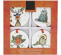Bug Art Kooks Ceramic Xmas Christmas Tree Decorations Set of 4 Cat Owl Reindeer Robin