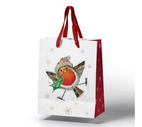 Bug Art Robin Christmas Holly Gift Bag with Gift Tag Fun Design Xmas Present Kids 23cm x 19cm x 12cm