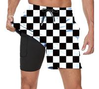 BUGKHD Jamaica Jamaican Kingdom Flag Men's Summer Beach Shorts, Athletic Trunks, Black 1-checkerboard Modern Black Checkered Pattern, L