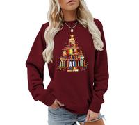Bugrelsla Christmas Books Tree Sweatshirt Funny Christmas Reading Shirts Bookworm Xmas Sweater Women Holiday Pullovers(Burgundy,L)