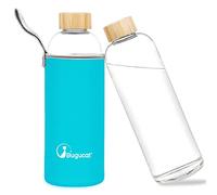 Bugucat Borosilicate Glass Water Bottle 1000ML, Reusable Water Bottle Glass with Protective Sleeves and Leak-Proof Lid, Glass Water Bottle 1 Litre Glass Drinking Bottle for Hot Cold Drinks,Light Blue