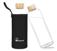 Bugucat Borosilicate Glass Water Bottle 1000ML, Reusable Water Bottle Glass with Protective Sleeves and Leak-Proof Lid, Glass Water Bottle 1 Litre Glass Drinking Bottle Ideal for Hot Cold Drinks,Black