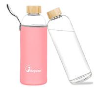 Bugucat Borosilicate Glass Water Bottle 1000ML, Reusable Water Bottle Glass with Protective Sleeves and Leak-Proof Lid, Glass Water Bottle 1 Litre Glass Drinking Bottle Ideal for Hot Cold Drinks,Pink