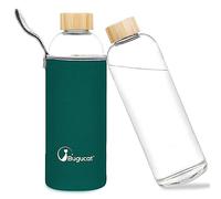 Bugucat Borosilicate Glass Water Bottle 1000ML, Reusable with Protective Sleeves and Leak-Proof Lid, 1 Litre Glass Drinking Bottle for Hot & Cold Drinks, Dark Green