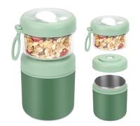 Bugucat Cereal Cup Stainless Steel Overnight Oats to go 530ml+330ml, Yogurt Container with Lid and Spoon, Reusable Breakfast Yogurt Pot Bento Lunch Box for Work School Travel,Green