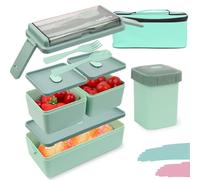 Bugucat Lunch Box for Adults and Kids 1400 ML, Double Stackable Bento Container Meal Prep Containe with Tote Bag Yogurt Box, 2 Tier 3 Compartment Design, Green-4pcs, (KI-NBXFH-SZFG-GREEN-SET)