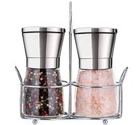 Bugucat Salt and Pepper Mill 2pcs, Stainless Steel Spice Mill with Adjustable Ceramic Grinder, Chili Mill, Refillable Salt Mill & Pepper Shaker, Empty Ceramic Mill, Pepper, Chili