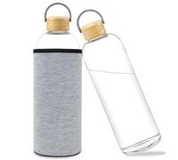 Bugudog 1 Litre Leak-Proof Glass Bottle, Made of Borosilicate Glass, Reusable, Non-Slip, For Camping, Hiking, Travel, Gym, Office, School, Car, Iced & Hot Drinks