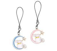 BUGUUYO 2Pcs Alloy Rabbit Keychain Phone Charms Set with Moon Star Design, Pink and Blue Cellphone Strap Accessories for Mobile Decoration