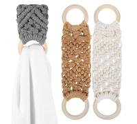 BUGUUYO 3 Pcs Handmade Macrame Crochet Towel Rings Set, Nordic Style Boho Kitchen and Bathroom Towel Holder Loops in White, Grey, and Light Brown