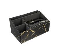 BUGUUYO Remote Controller Holder and Tissue Box Well Rim Sealing Leather with 3 Compartments, Black Marble Vein Design Compact Structure for Office Desk and Hotel Storage