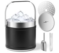 BugyKido 3.2 L Insulated Ice Bucket with Lid & Tongs & Scoop & Melt Filter, Champagne Bucket, Double Wall Stainless Steel Ice Bucket with Leather Case, Suitable for Cocktails & Wine & Beer