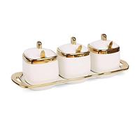 Buhdjfnke 3Pcs Ceramic Condiment Pots Porcelain Sugar Bowls Decorative Gold Salt Containers Pepper Boxes Kitchen Spice Jars,A