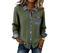 BUhuiBabubu Cardigans for Women UK - Women's Chunky Cardigan Autumn Winter Denim Patchwork Long Sleeve Button Down Casual Cable Knit Sweater Outerwear with Pockets Gifts for Women,Army Green,L,u813k