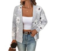 BUhuiBabubu Cardigans for Women UK - Womens Floral Print Cardigan Ladies Long Sleeve Open Front Button Down V Neck Flowers Pattern Knitted Sweaters for Her,Light Gray,XL,u400k
