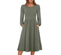 BUhuiBabubu Dresses for Women UK, Women's 2025 Spring Autumn Midi Dress Solid Color Casual Long Sleeve Crew Neck Empire Waist Long Flowy Dresses with Pockets,Army Green,S,u569k
