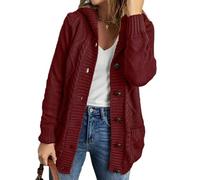 BUhuiBabubu Ladies Cardigan UK, Women 2025 Autumn Long Sleeve Cable Knit Hooded Cardigan Sweaters Button Open Front Cardigans Loose Winter Coat with Pockets Gifts for Mum,Wine,3XL,u674k