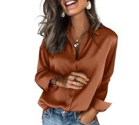 BUhuiBabubu Ladies T Shirts UK, Womens Button Down Shirts Long Sleeve Dressy Casual Tops Satin Silk Business Blouses 2025,Brown,L,u1329k