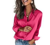 BUhuiBabubu Ladies T Shirts UK, Womens Soft Satin Silk Solid Color Button Down Shirts for Women Long Sleeve Work Shirt Dress Blouses Tops,Hot Pink,L,u1349k