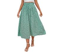 BUhuiBabubu Long Skirts for Women UK - Ladies Skirts Elasticated Waist Solid Color/Floral Print Boho Pleated A Line Maxi Midi Long Skirt for Daily Date Travel Holiday Party,Green,S,u84k