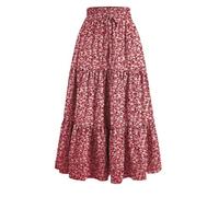 BUhuiBabubu Long Skirts for Women UK - Ladies Skirts Elasticated Waist Solid Color/Floral Print Boho Pleated A Line Maxi Midi Long Skirt for Daily Date Travel Holiday Party,Red,S,u56k