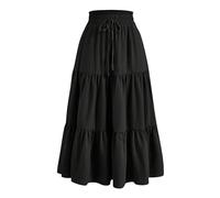 BUhuiBabubu Long Skirts for Women UK - Ladies Skirts Elasticated Waist Solid Color/Floral Print Boho Pleated A Line Maxi Midi Long Skirt for Daily Date Travel Holiday Party,Black,S,u24k