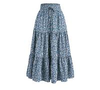 BUhuiBabubu Long Skirts for Women UK - Ladies Skirts Elasticated Waist Solid Color/Floral Print Boho Pleated A Line Maxi Midi Long Skirt for Daily Date Travel Holiday Party,Blue,S,u28k