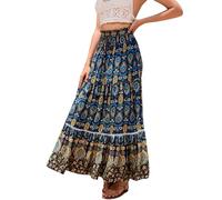 BUhuiBabubu Long Skirts for Women UK - Ladies Skirts Elasticated Waist Solid Color/Floral Print Boho Pleated A Line Maxi Midi Long Skirt for Daily Date Travel Holiday Party,Navy,XL,u101k
