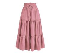 BUhuiBabubu Long Skirts for Women UK - Ladies Skirts Elasticated Waist Solid Color/Floral Print Boho Pleated A Line Maxi Midi Long Skirt for Daily Date Travel Holiday Party,Pink,S,u44k