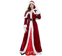 BUhuiBabubu Mrs Claus Costume for Women 4 Pieces, Adult Santa Costumes Claus Dress Christmas Outfit with Hooded Cape Gloves Belt Ladies Velvet Xmas Fancy Dress,Red,XXL,uk02