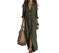 BUhuiBabubu Party Dresses for Women UK, Women's Spring Summer Shirt Dresses Long Sleeve V Neck Casual Loose Maxi Shift Dress Vacation Beach Sundress 30th Birthday Gifts for Women,Green,S,u683k