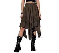 BUhuiBabubu Skirts for Women UK - Womens Renaissance Skirt Lace Tiered Asymmetrical Flowy Fairy Long Skirt Ladies High Waist Gothic Midi Skirts Halloween Costume,Brown,S,u837k