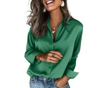 BUhuiBabubu T Shirts for Women UK, Womens Soft Satin Silk Solid Color Button Down Shirts for Women Long Sleeve Work Shirt Dress Blouses Tops,Green,XXL,u1340k
