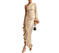 BUhuiBabubu Women's Elegant Satin One Shoulder Evening Gown Ruched Bodycon Prom Maxi Dress Flattering Flared Sleeve Irregular Ruffle Hem Wedding Guest Dresses