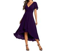 BUhuiBabubu Women's Midi Evening Dress - Ladies Chiffon V Neck Short Sleeve Empire Waist A-Line Dresses for Wedding Guest Bridesmaid